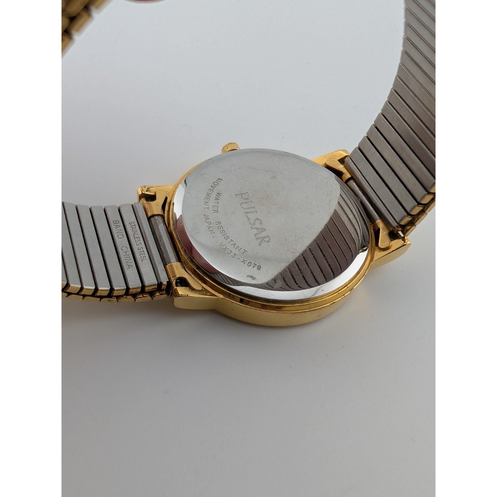 Vtg Pulsar Watch Men 35mm Case Gold Stretch Band VX33-X079 New Battery - Picture 8 of 8
